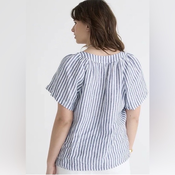 J. Crew Flutter-Sleeve Linen V-Neck Top Medium Blue White Stripe - Picture 3 of 14